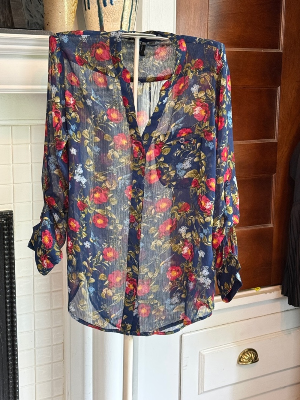 Kut from the Kloth Navy Sheer Floral V-Neck‎ Blouse- worn twice